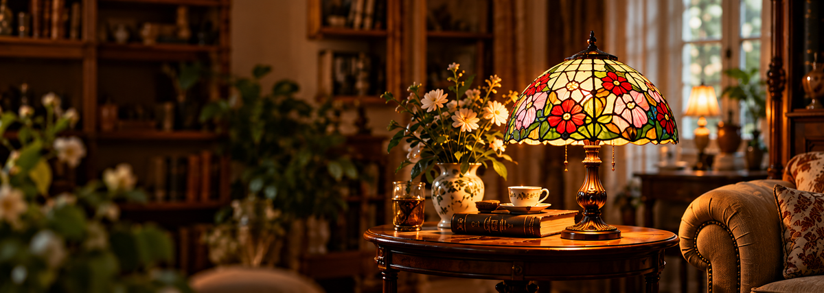 Lampe en vitrail de style Tiffany allumée dans un coin lecture chaleureux