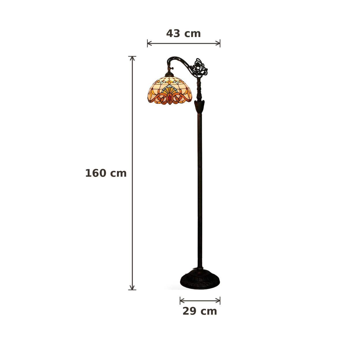 Dimensions du lampadaire style Tiffany Baroque : hauteur 160 cm, largeur 43 cm