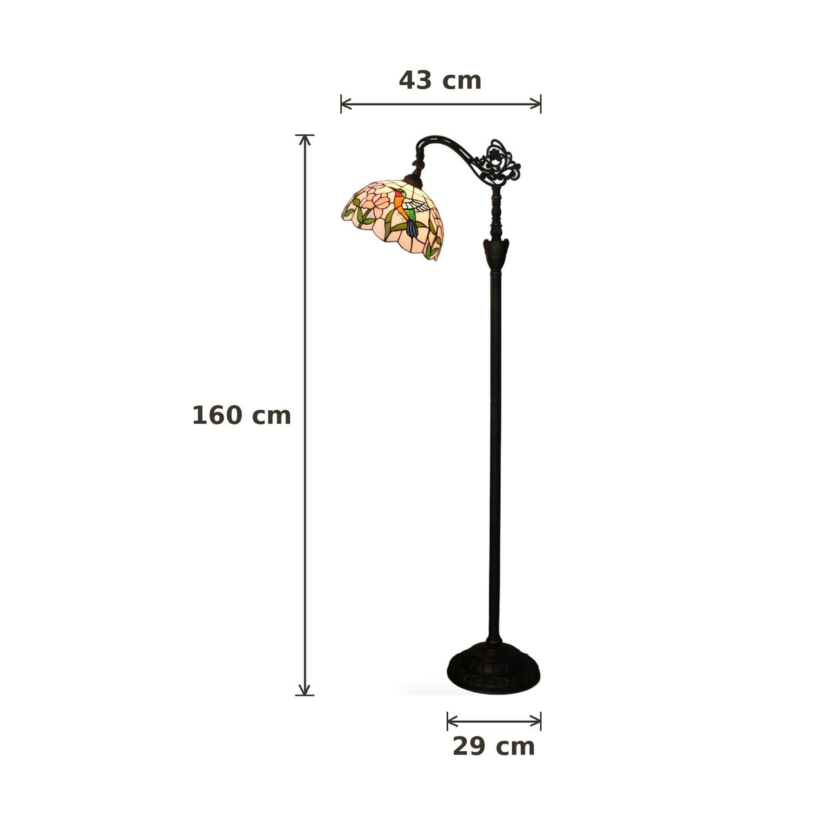 Dimensions du lampadaire style Tiffany Colibri : hauteur 160 cm, largeur 43 cm