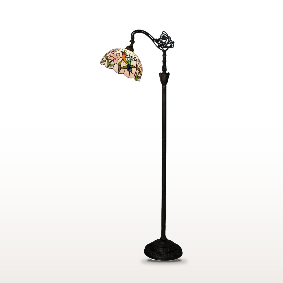 Lampadaire style Tiffany Colibri, vitrail sur fond blanc