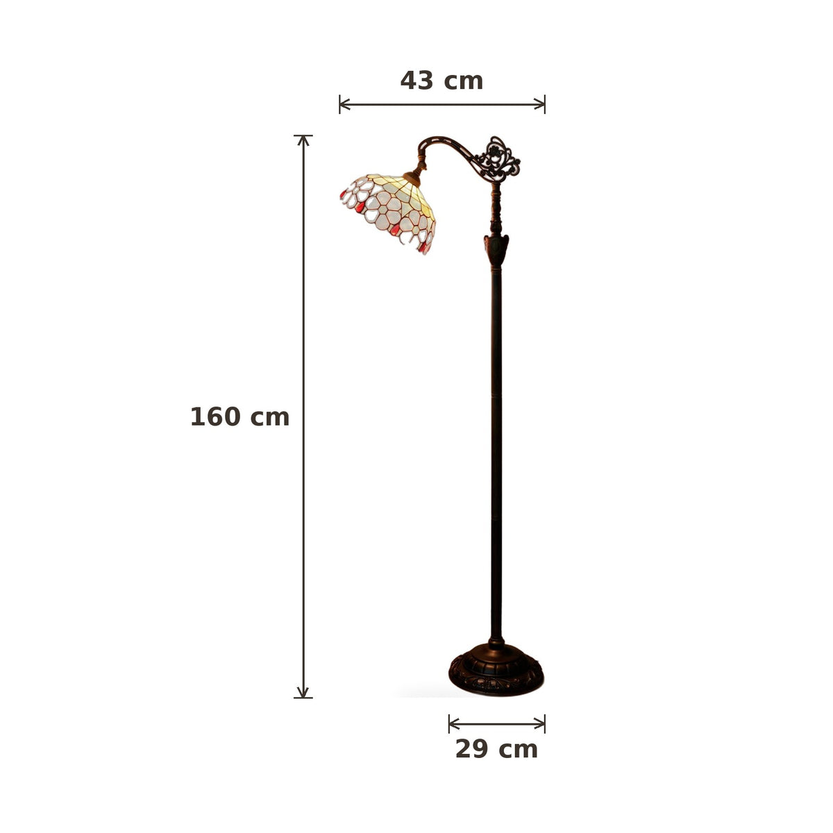 Dimensions du lampadaire style Tiffany Marguerite : hauteur 160 cm, largeur 43 cm