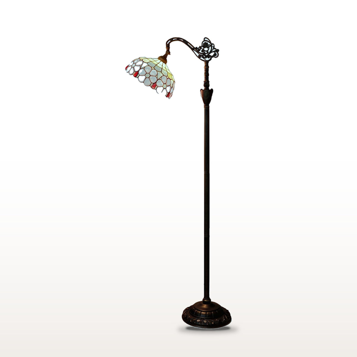 Lampadaire style Tiffany Marguerite, vitrail sur fond blanc