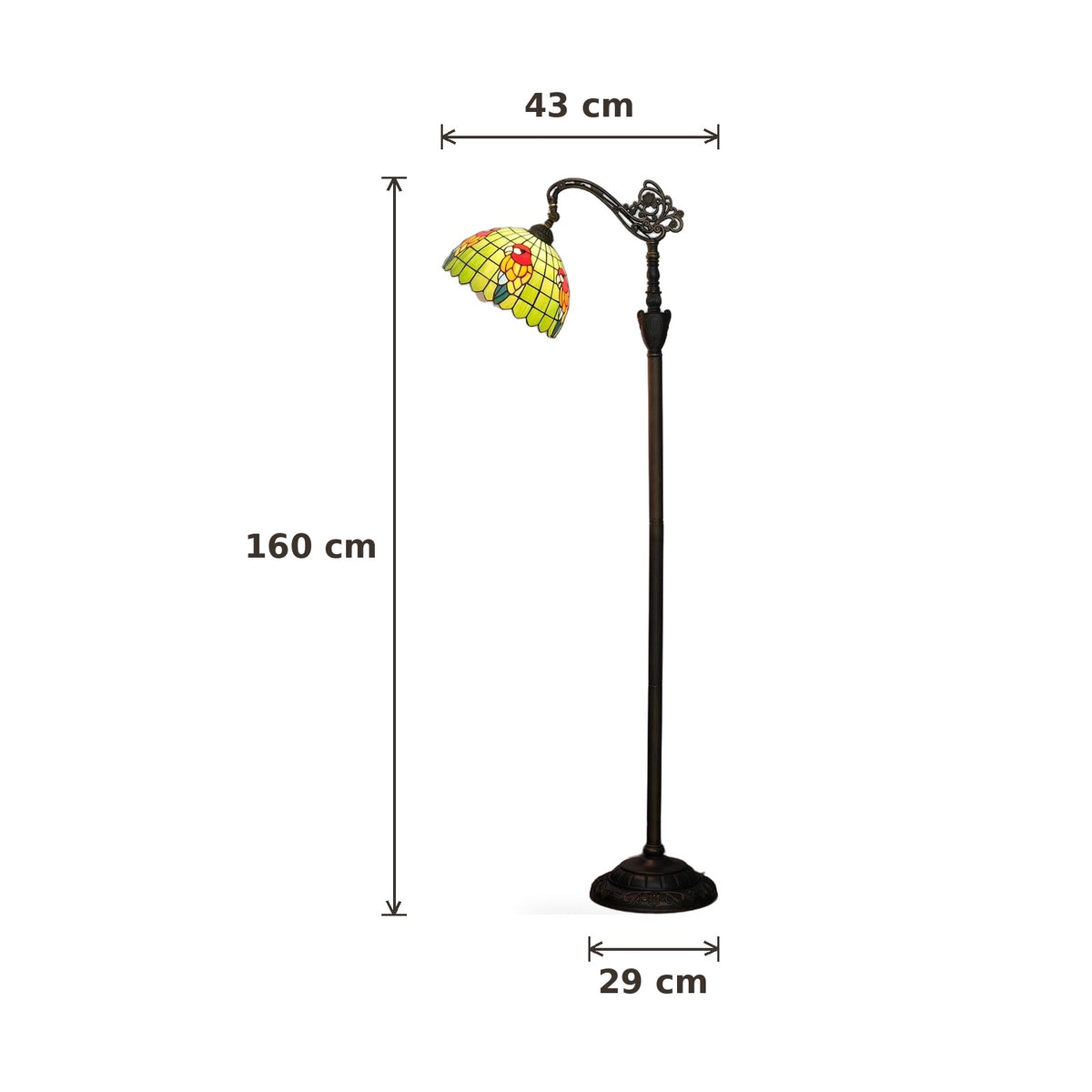 Dimensions du lampadaire style Tiffany Perroquet : hauteur 160 cm, largeur 43 cm