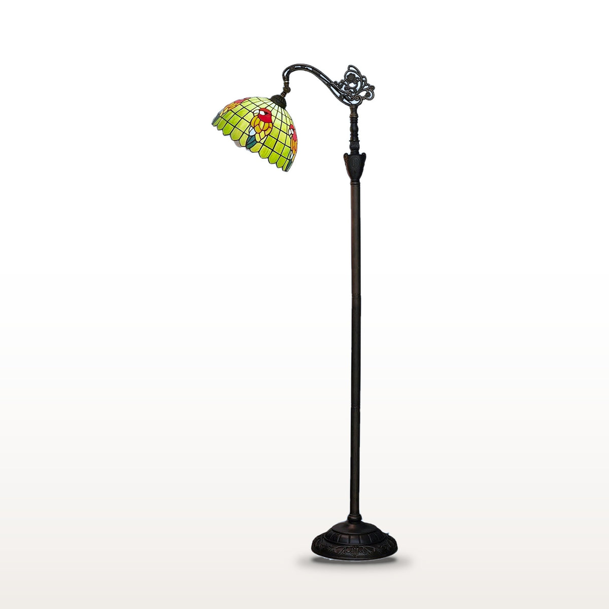 Lampadaire style Tiffany Perroquet, vitrail sur fond blanc