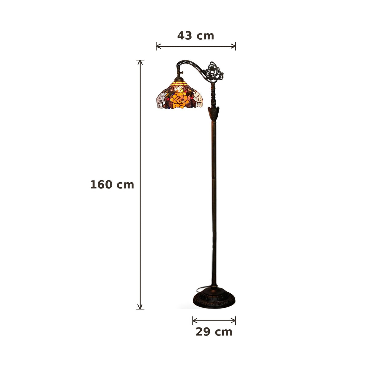 Dimensions du lampadaire style Tiffany Rose ambrée : hauteur 160 cm, largeur 43 cm