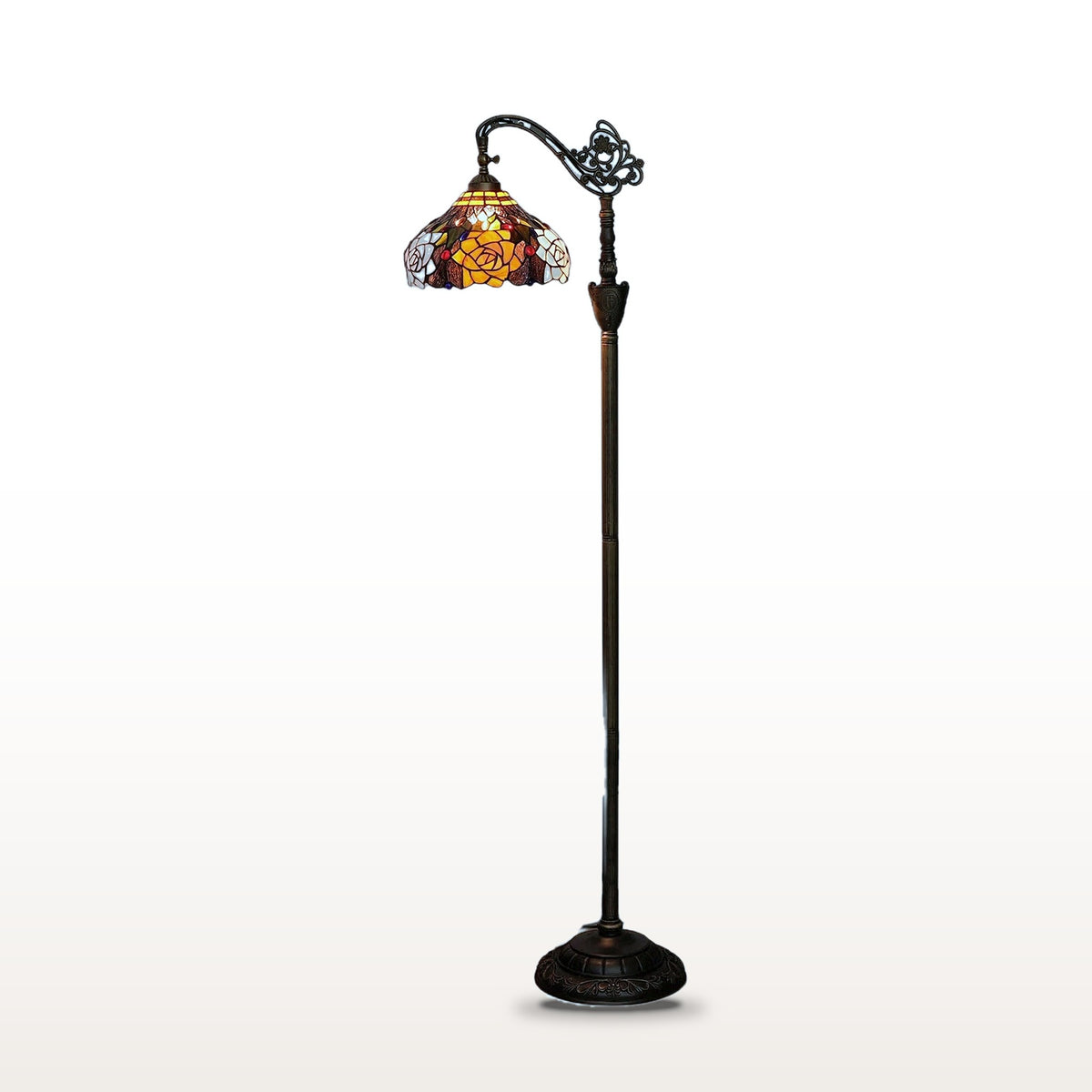 Lampadaire style Tiffany Rose ambrée, vitrail sur fond blanc
