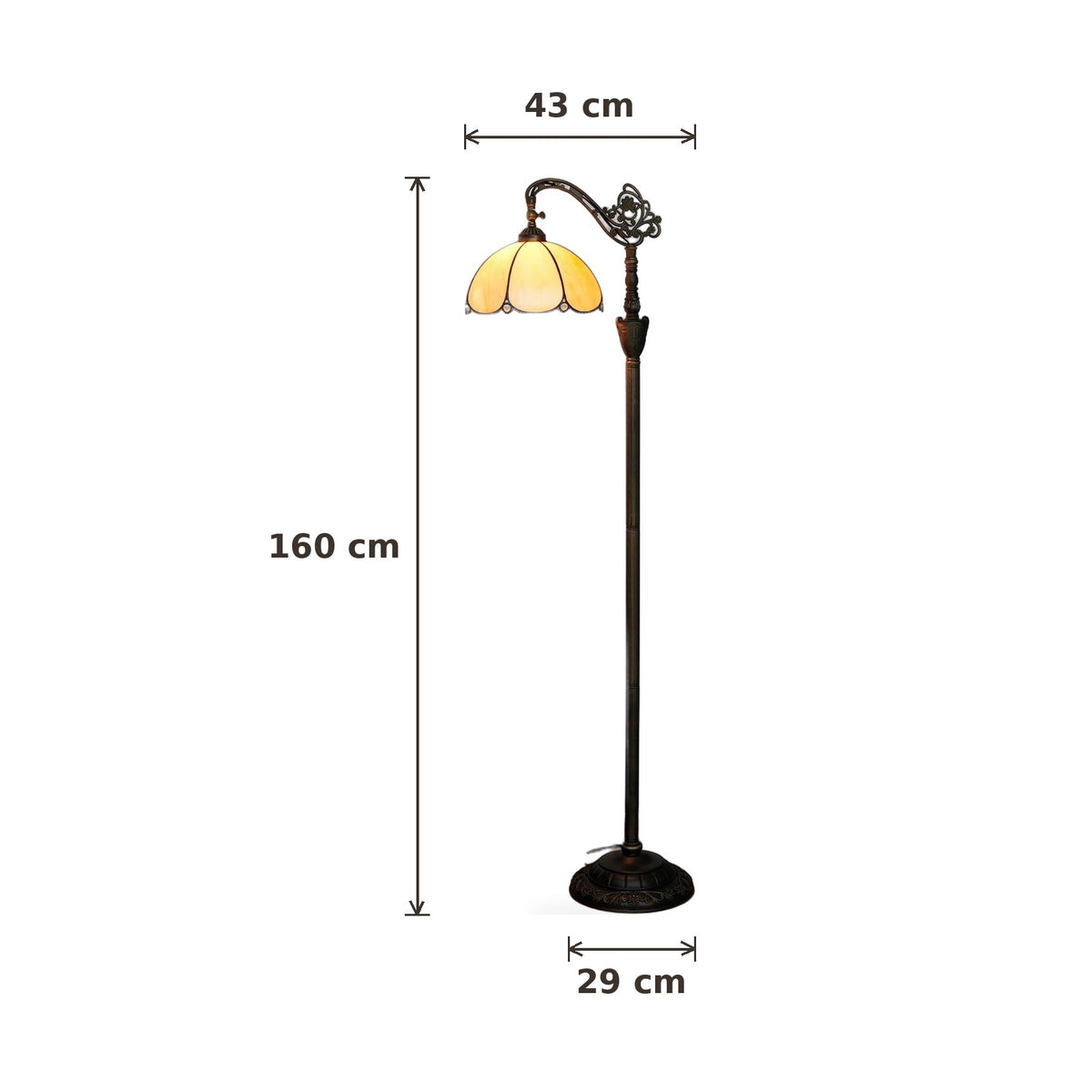 Dimensions du lampadaire style Tiffany Tulipe : hauteur 160 cm, largeur 43 cm