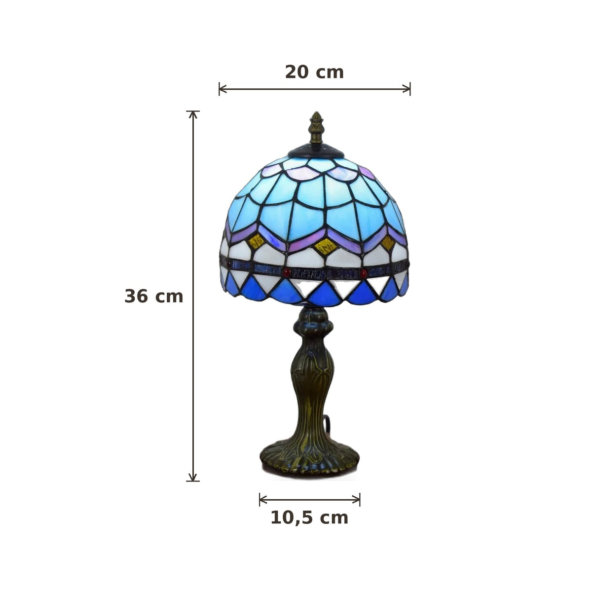 Dimensions de la lampe style Tiffany Azur : abat-jour 20 cm de diamètre, hauteur 36 cm