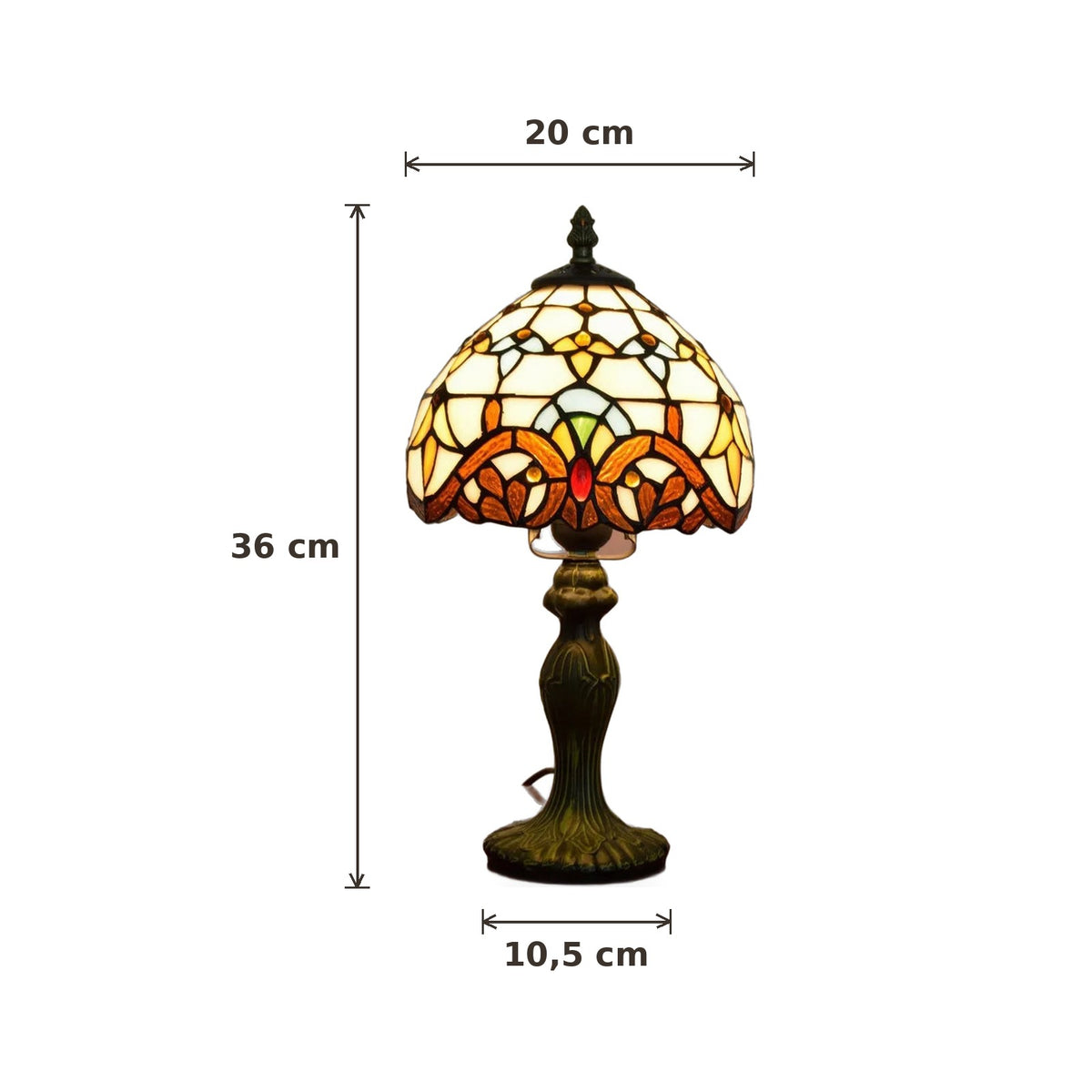 Dimensions de la lampe style Tiffany Baroque : abat-jour 20 cm de diamètre, hauteur 36 cm