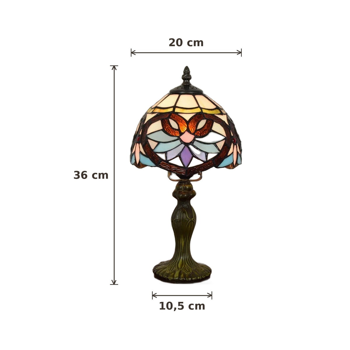 Dimensions de la lampe style Tiffany Belle Époque : abat-jour 20 cm de diamètre, hauteur 36 cm