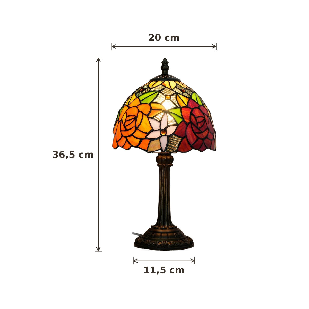 Dimensions de la lampe style Tiffany Bouquet de roses : abat-jour 20 cm de diamètre, hauteur 36,5 cm