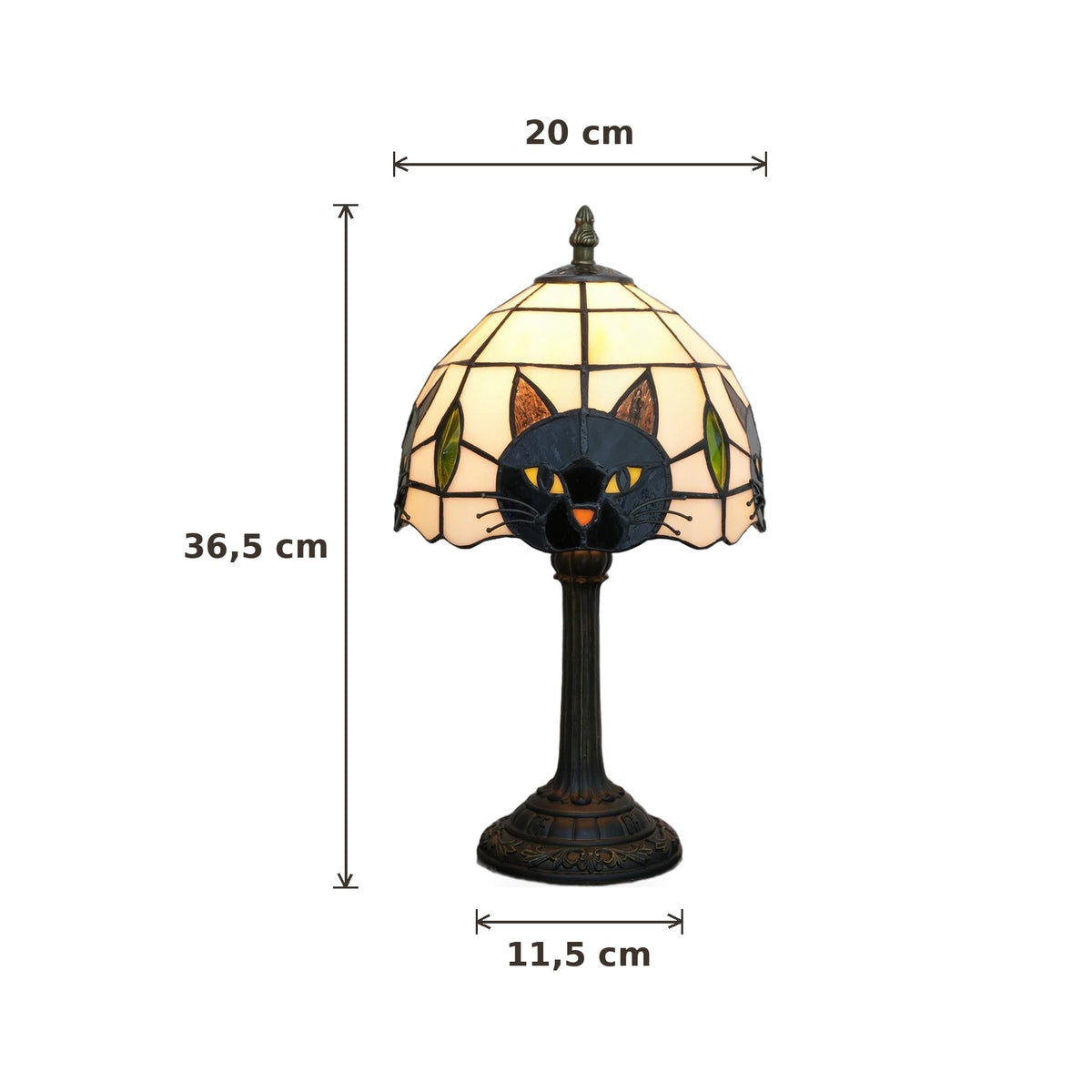 Dimensions de la lampe style Tiffany Chat gris : abat-jour 20 cm de diamètre, hauteur 36,5 cm
