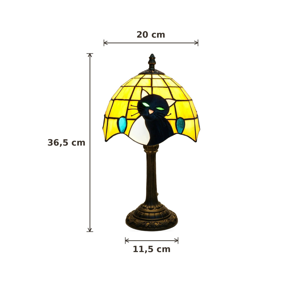 Dimensions de la lampe style Tiffany Chat noir : abat-jour 20 cm de diamètre, hauteur 36,5 cm