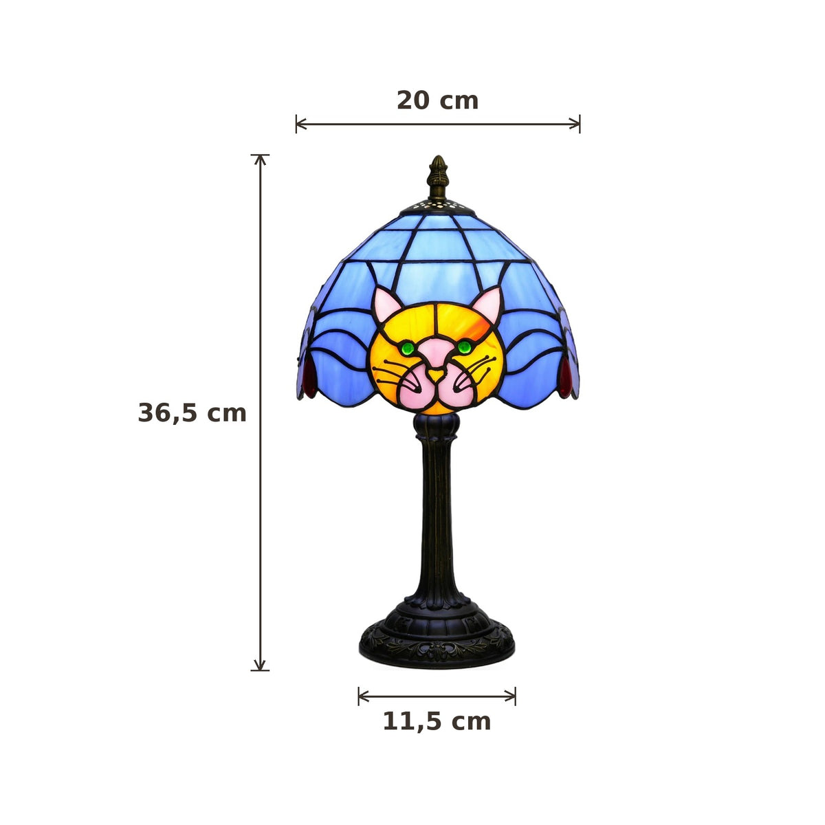 Dimensions de la lampe style Tiffany Chat roux : abat-jour 20 cm de diamètre, hauteur 36,5 cm