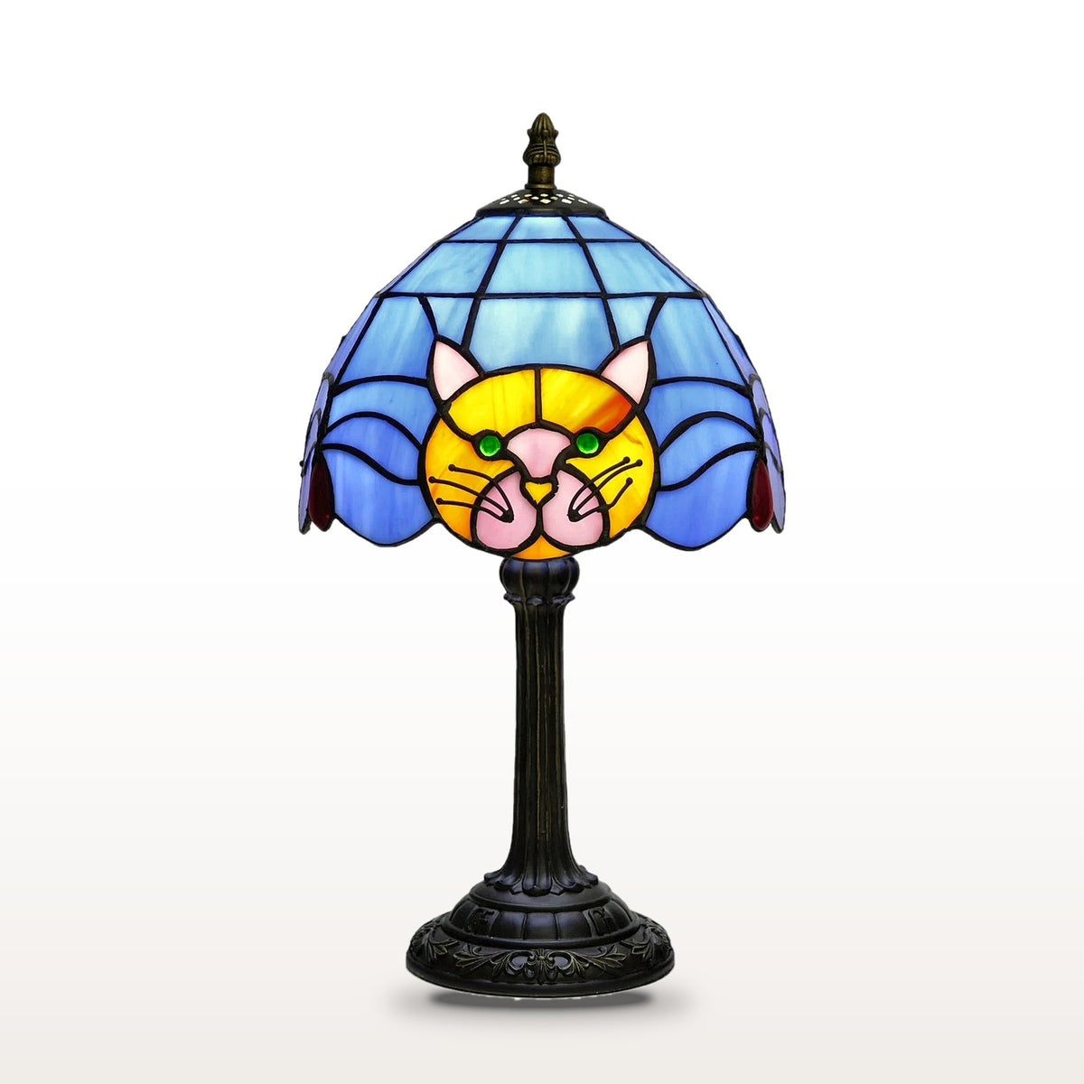Lampe style Tiffany Chat roux, vitrail sur fond blanc