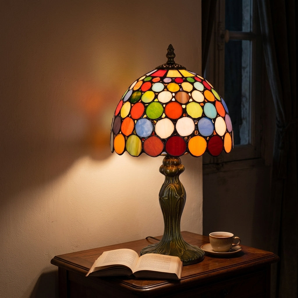 Lampe style Tiffany Confetti allumée le soir, lumière chaude du vitrail mosaïque multicolore dans une pièce sombre