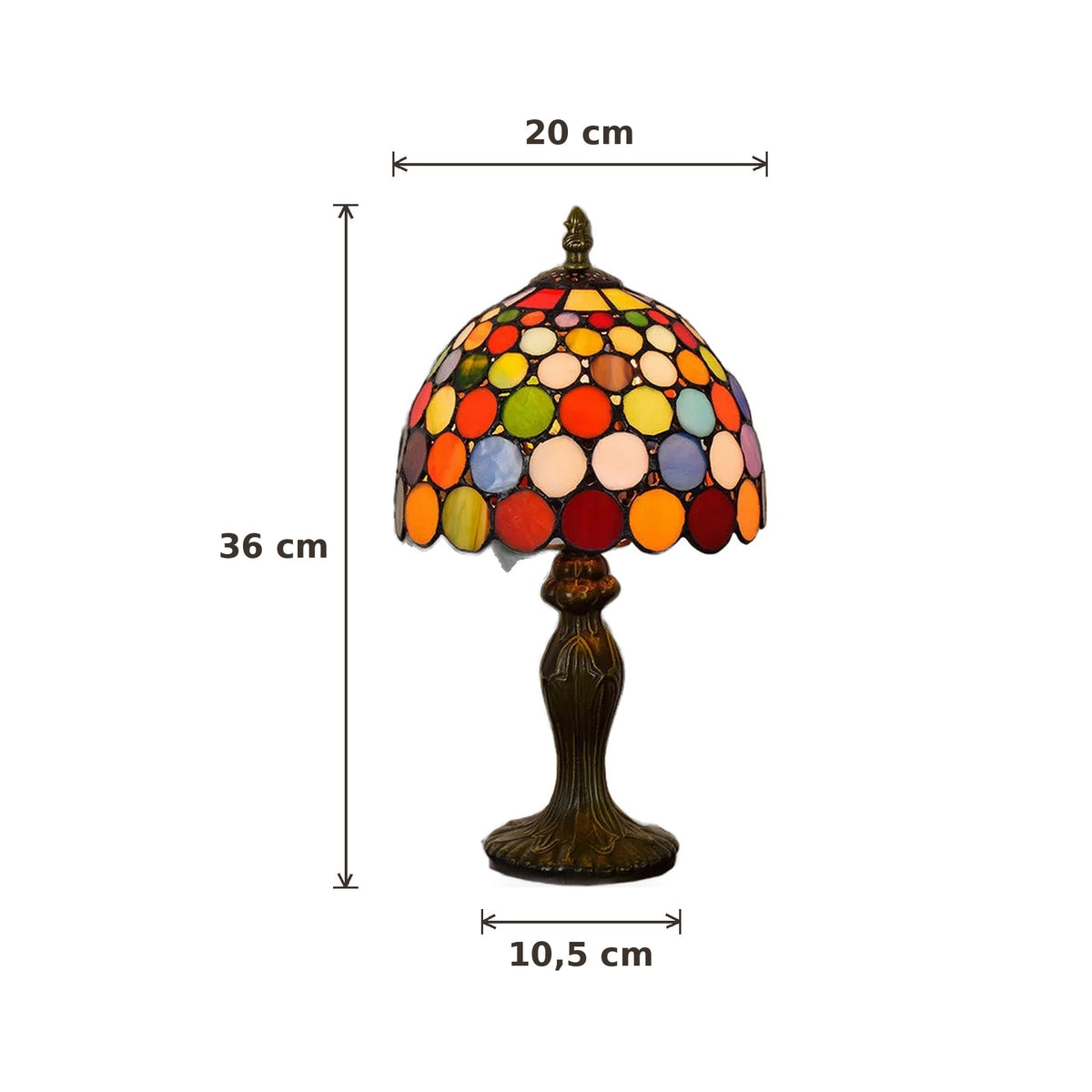 Dimensions de la lampe style Tiffany Confetti : abat-jour 20 cm de diamètre, hauteur 36 cm