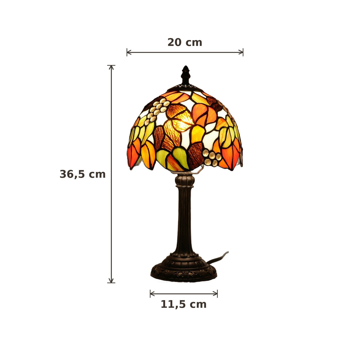 Dimensions de la lampe style Tiffany Érable : abat-jour 20 cm de diamètre, hauteur 36,5 cm