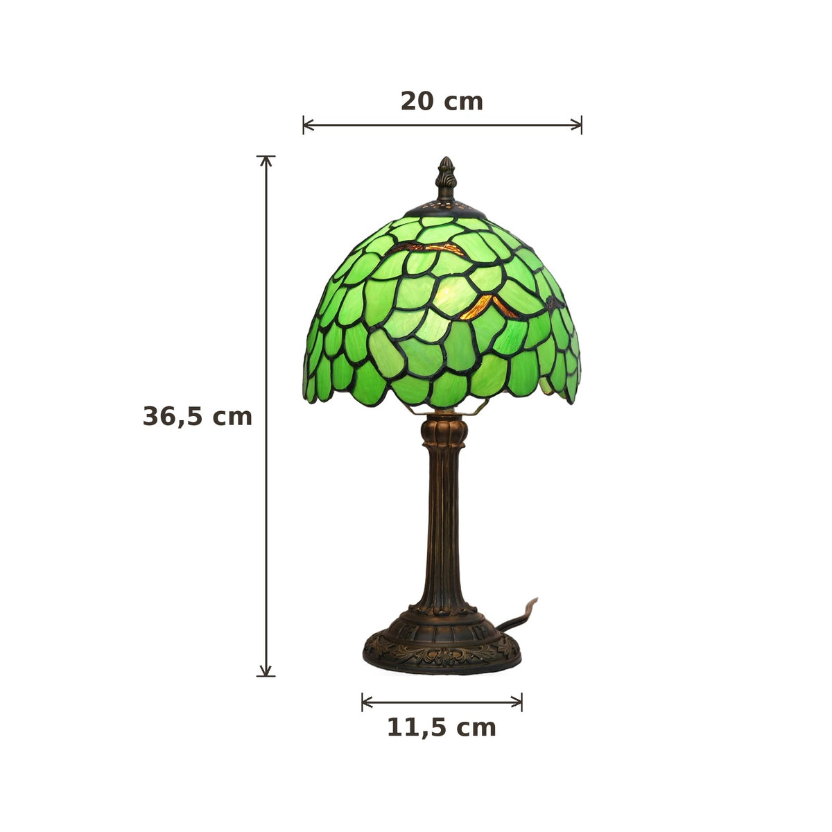 Dimensions de la lampe style Tiffany Feuillage : abat-jour 20 cm de diamètre, hauteur 36,5 cm