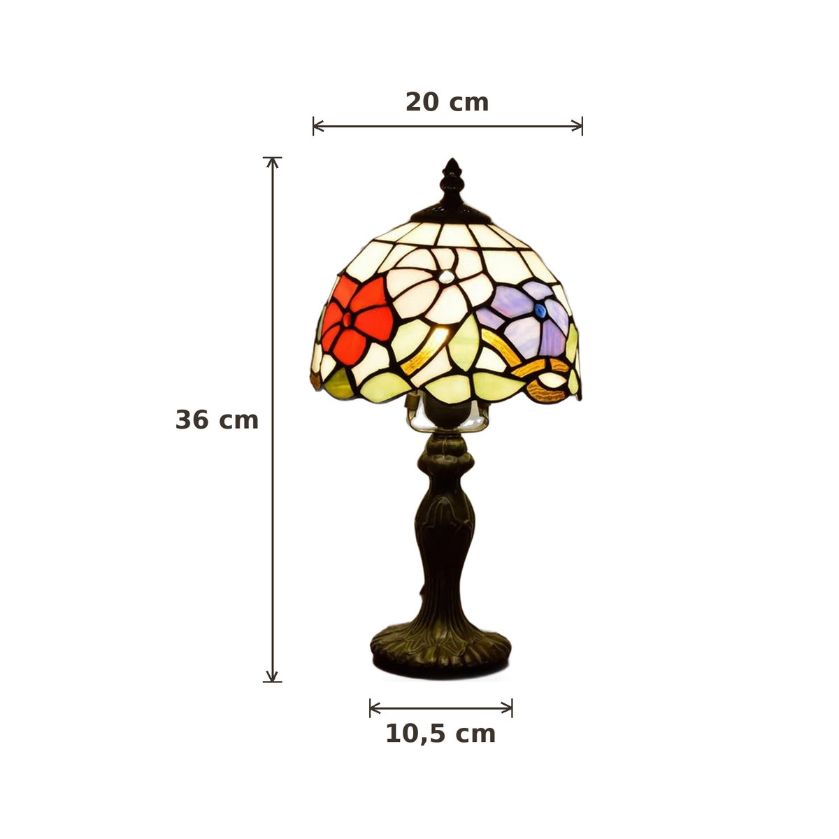 Dimensions de la lampe style Tiffany Jardin d'été : abat-jour 20 cm de diamètre, hauteur 36 cm