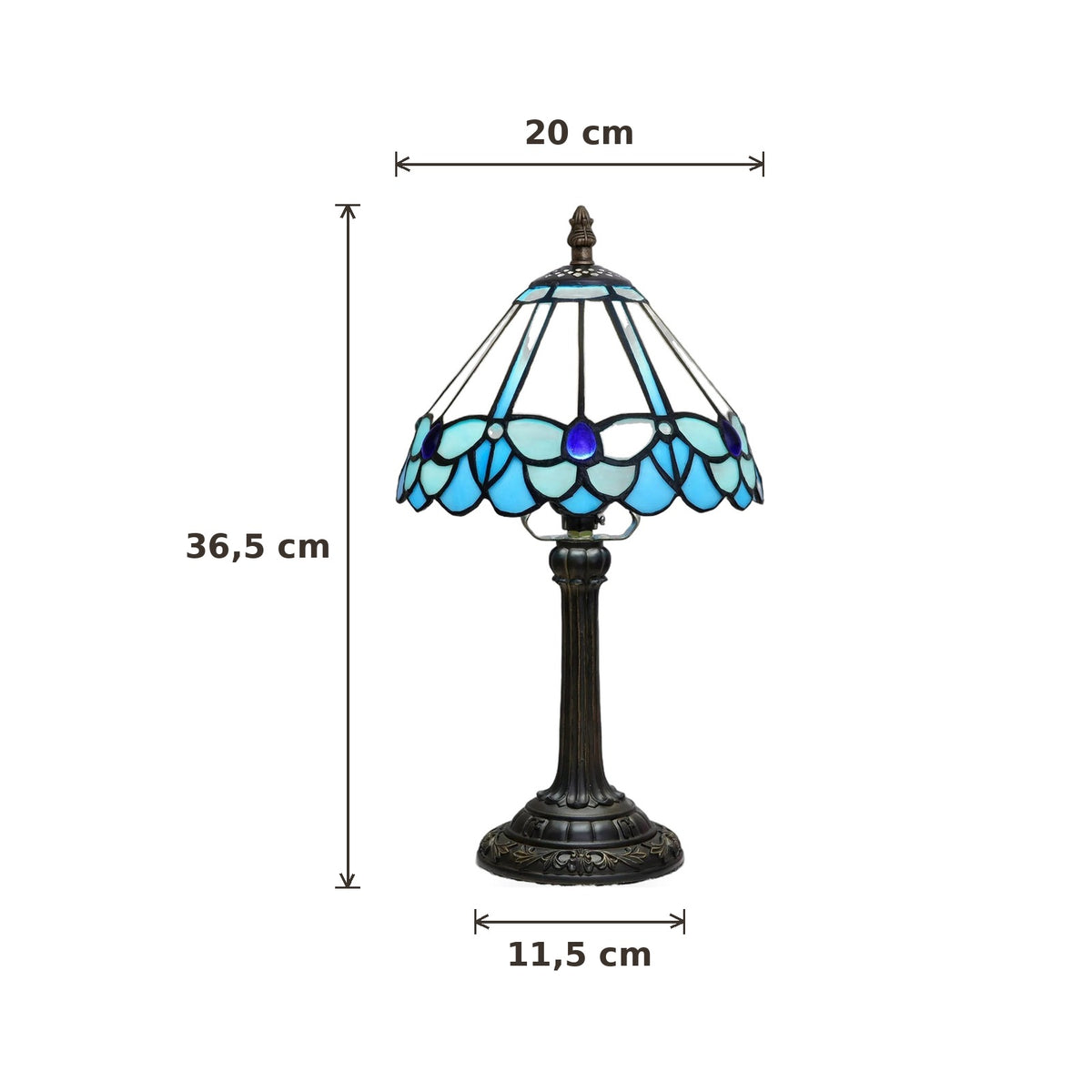 Dimensions de la lampe style Tiffany Lagon : abat-jour 20 cm de diamètre, hauteur 36,5 cm