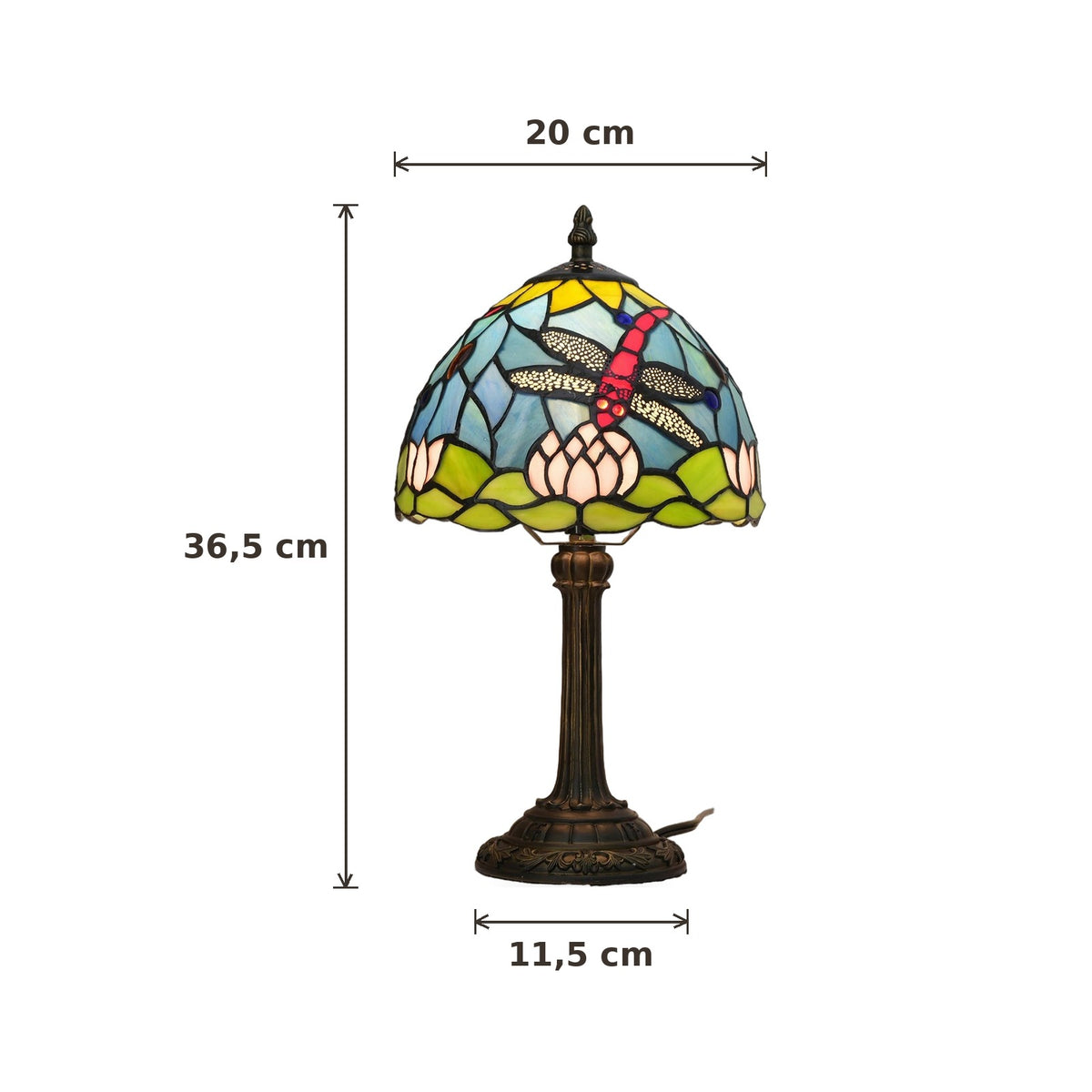 Dimensions de la lampe style Tiffany Libellule et lotus : abat-jour 20 cm de diamètre, hauteur 36,5 cm