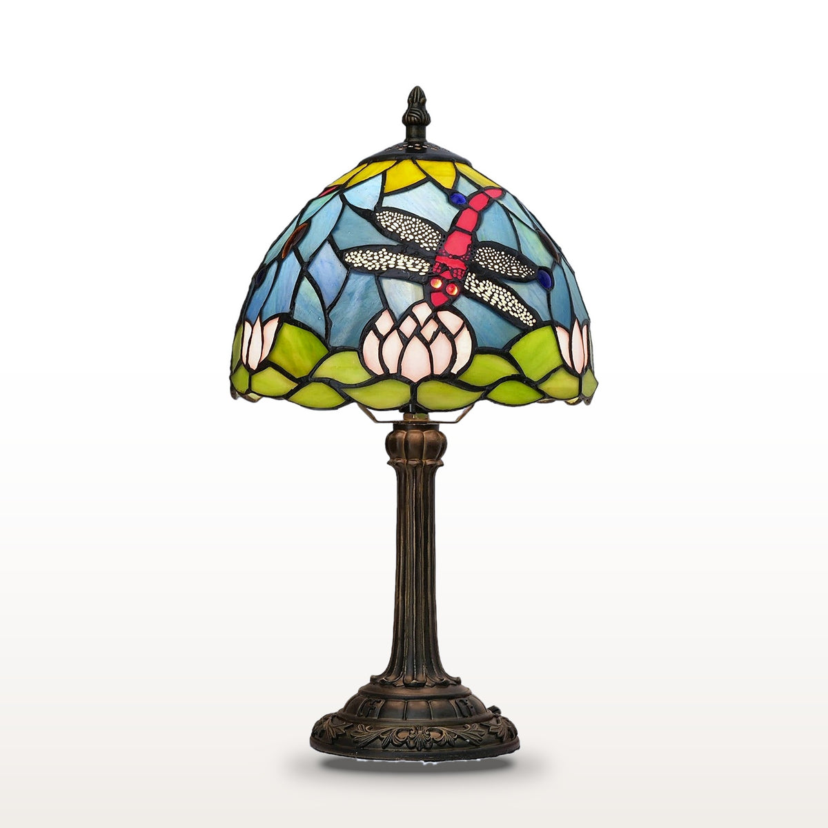 Lampe style Tiffany Libellule et lotus, vitrail sur fond blanc