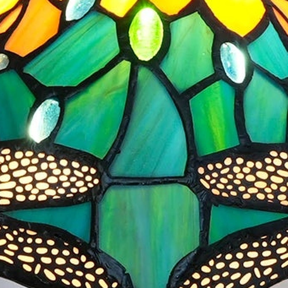 Détail du vitrail de la lampe style Tiffany Libellule turquoise