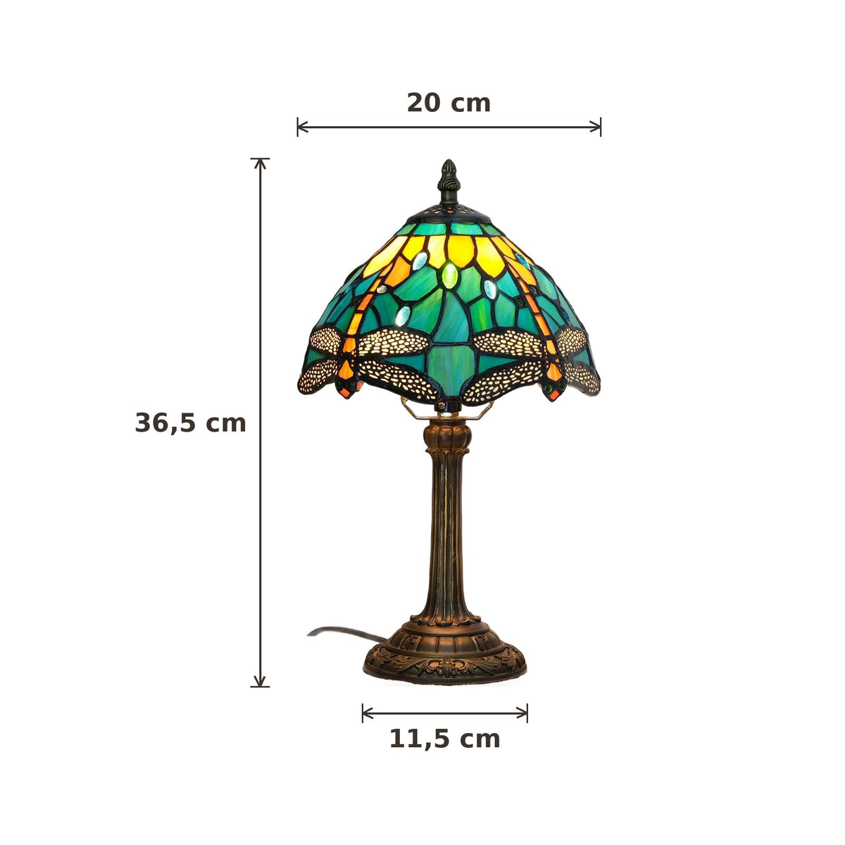 Dimensions de la lampe style Tiffany Libellule turquoise : abat-jour 20 cm de diamètre, hauteur 36,5 cm