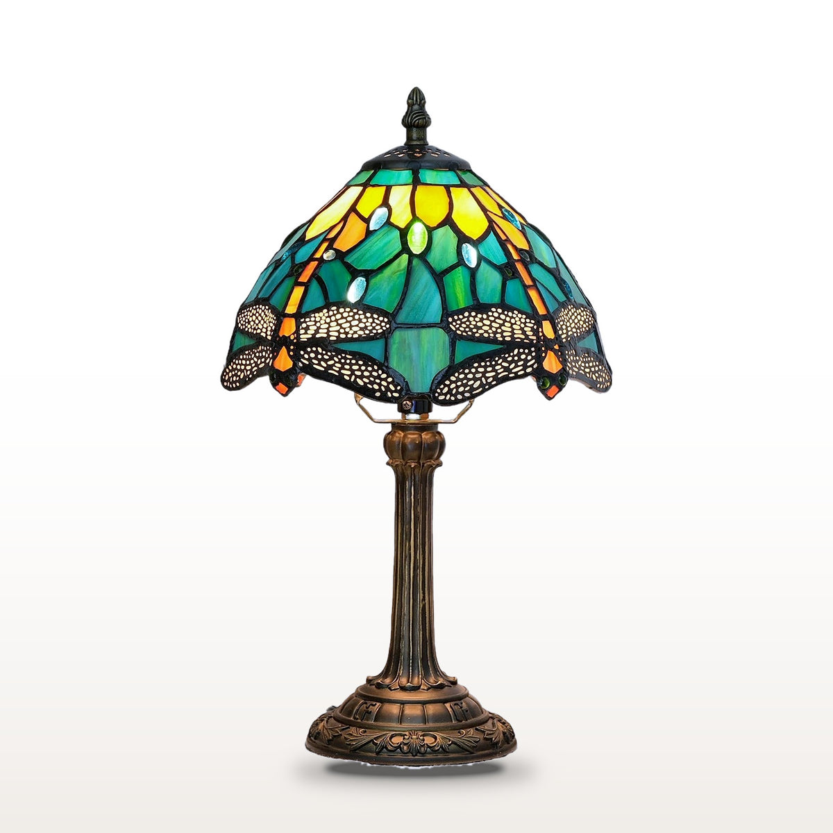 Lampe style Tiffany Libellule turquoise, vitrail sur fond blanc