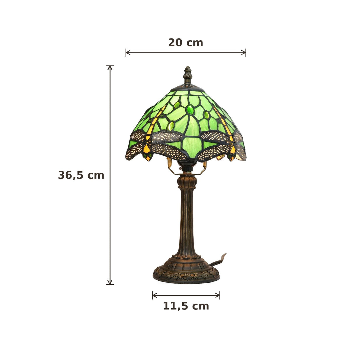 Dimensions de la lampe style Tiffany Libellule verte : abat-jour 20 cm de diamètre, hauteur 36,5 cm