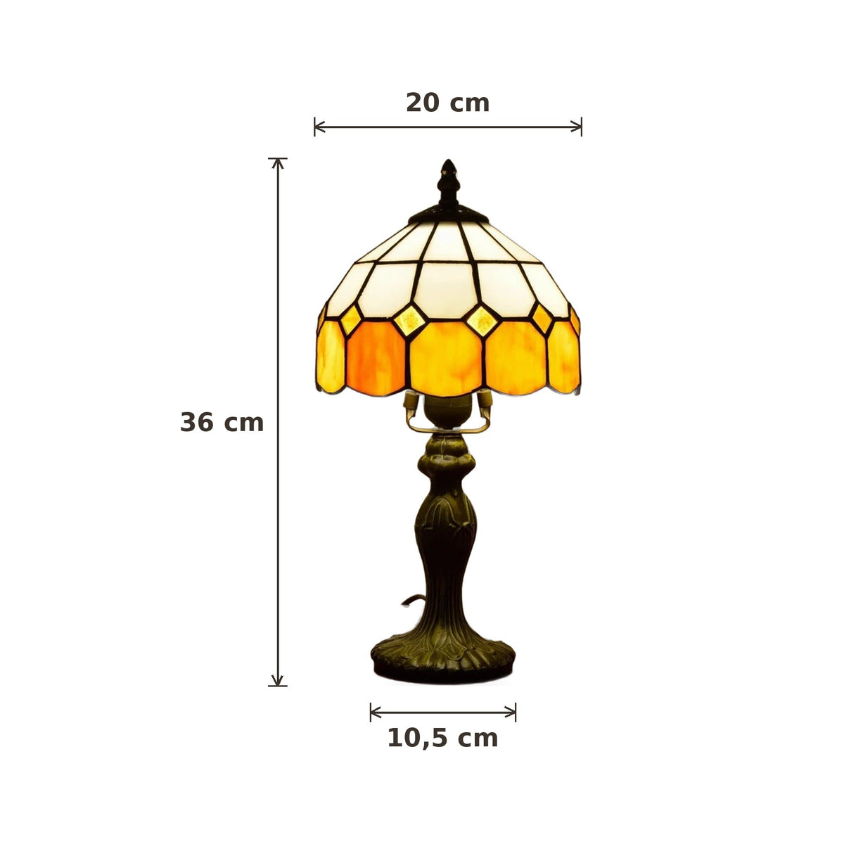Dimensions de la lampe style Tiffany Miel : abat-jour 20 cm de diamètre, hauteur 36 cm