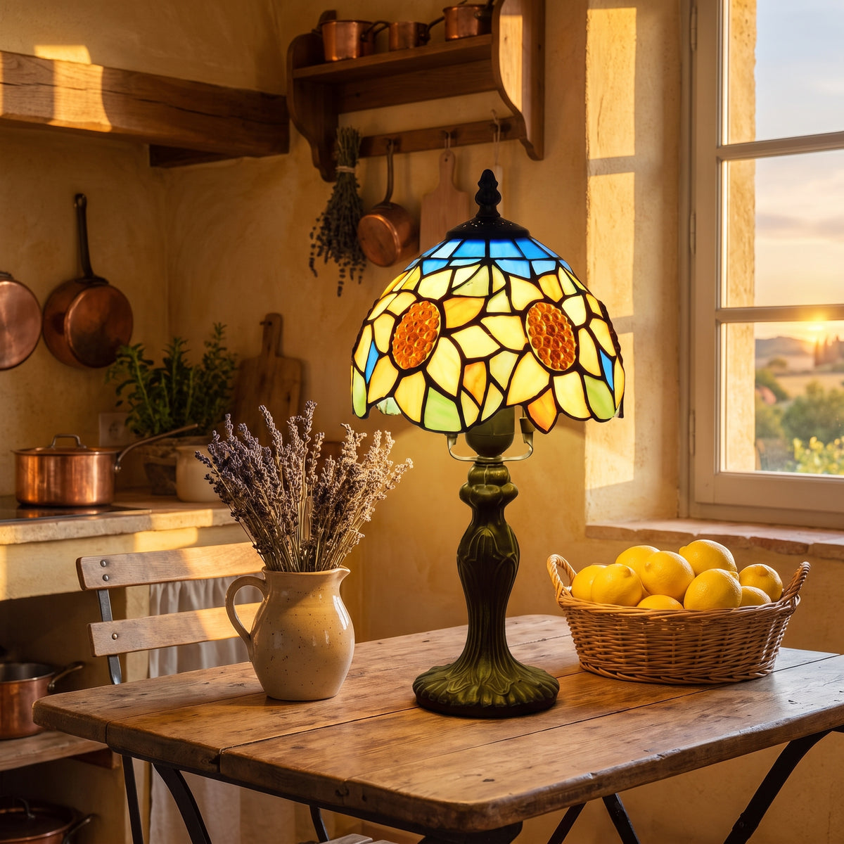 Lampe style Tiffany Provence allumée dans une cuisine provençale