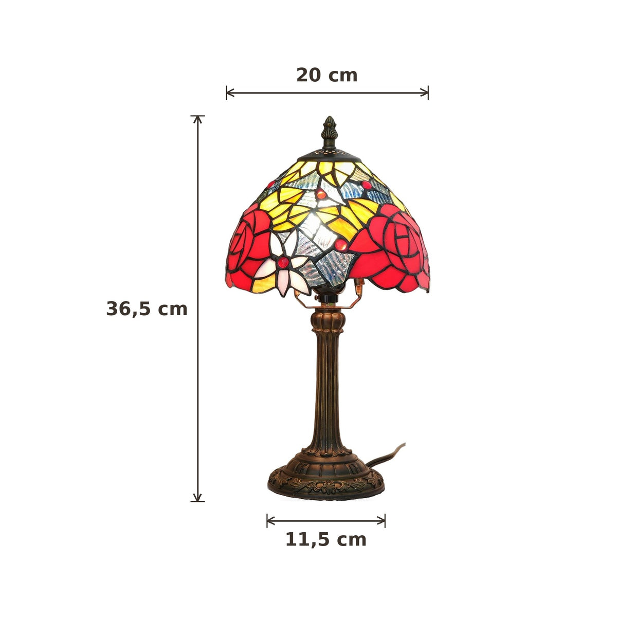 Dimensions de la lampe style Tiffany Rose carmin : abat-jour 20 cm de diamètre, hauteur 36,5 cm