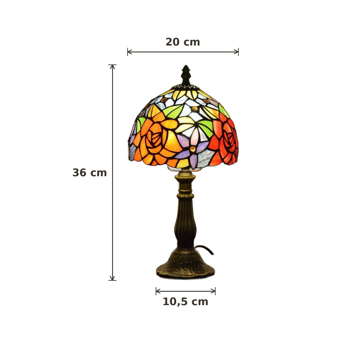 Dimensions de la lampe style Tiffany Roseraie : abat-jour 20 cm de diamètre, hauteur 36 cm