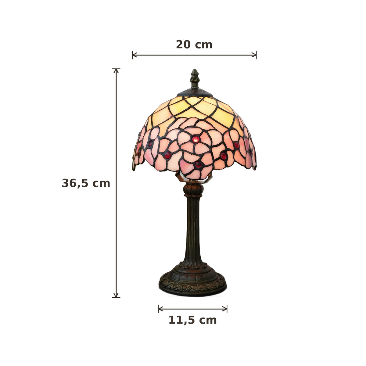 Dimensions de la lampe style Tiffany Sakura : abat-jour 20 cm de diamètre, hauteur 36,5 cm