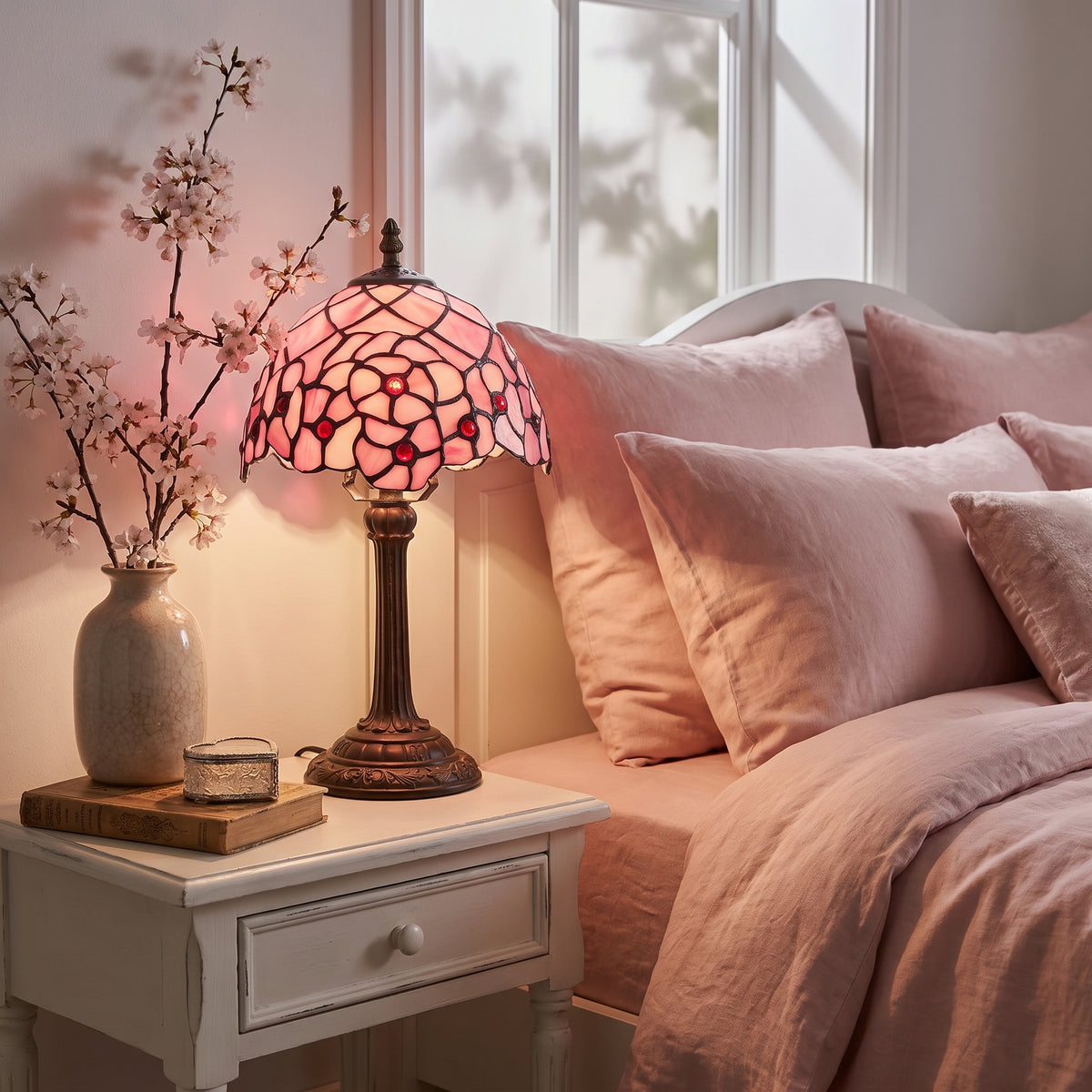 Lampe style Tiffany Sakura allumée dans une chambre aux tons roses