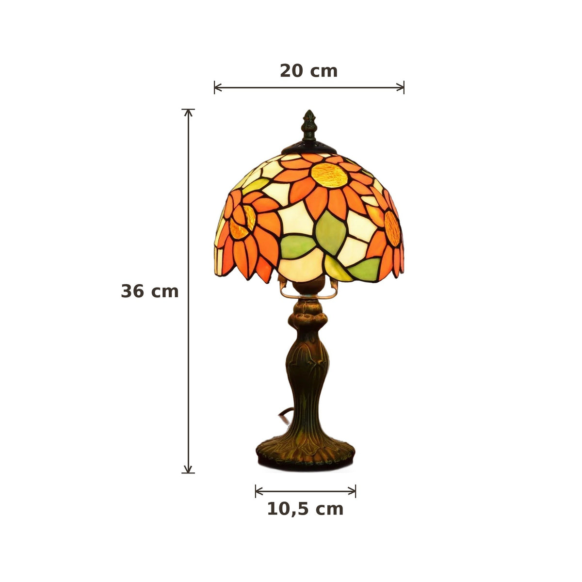 Dimensions de la lampe style Tiffany Soleil d'automne : abat-jour 20 cm de diamètre, hauteur 36 cm