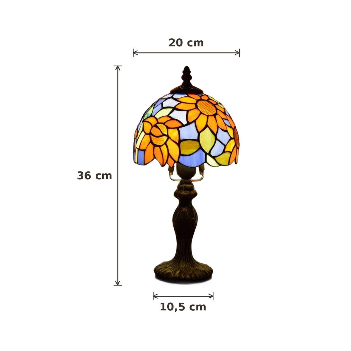 Dimensions de la lampe style Tiffany Tournesol bleu : abat-jour 20 cm de diamètre, hauteur 36 cm