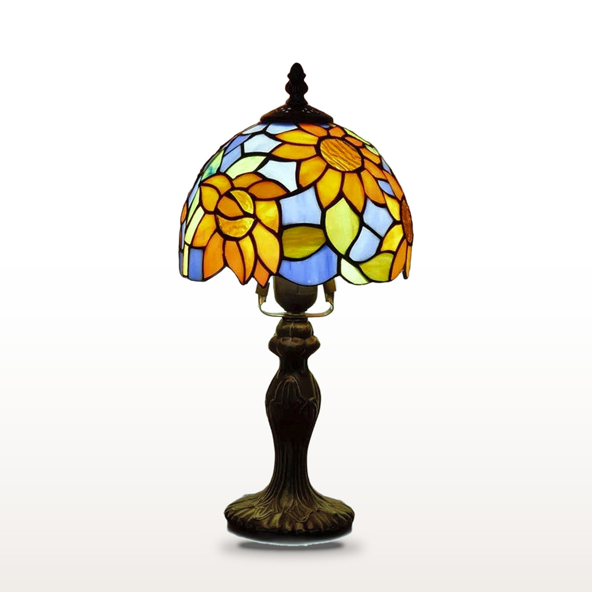 Lampe style Tiffany Tournesol bleu, vitrail sur fond blanc