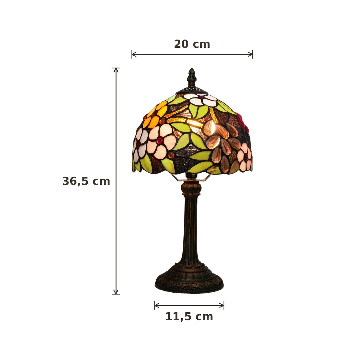 Dimensions de la lampe style Tiffany Vendanges : abat-jour 20 cm de diamètre, hauteur 36,5 cm
