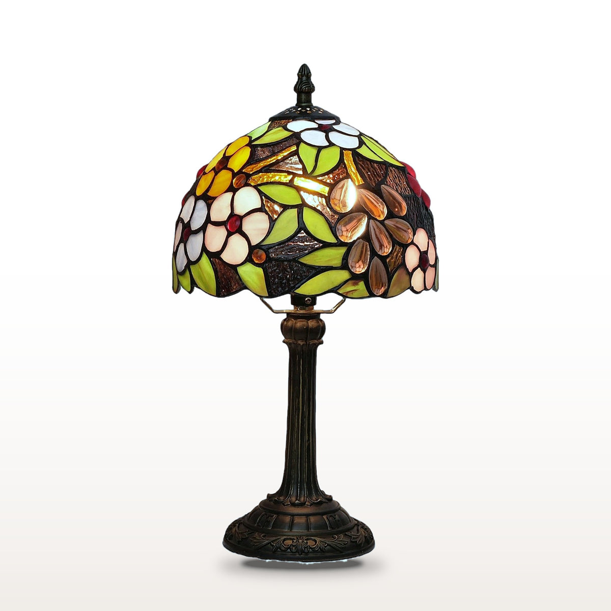 Lampe style Tiffany Vendanges, vitrail grappes de raisin et fleurs, sur fond blanc
