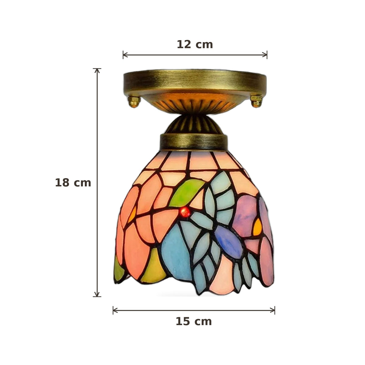 Dimensions du plafonnier style Tiffany Colibri : 15 cm de diamètre, hauteur 18 cm