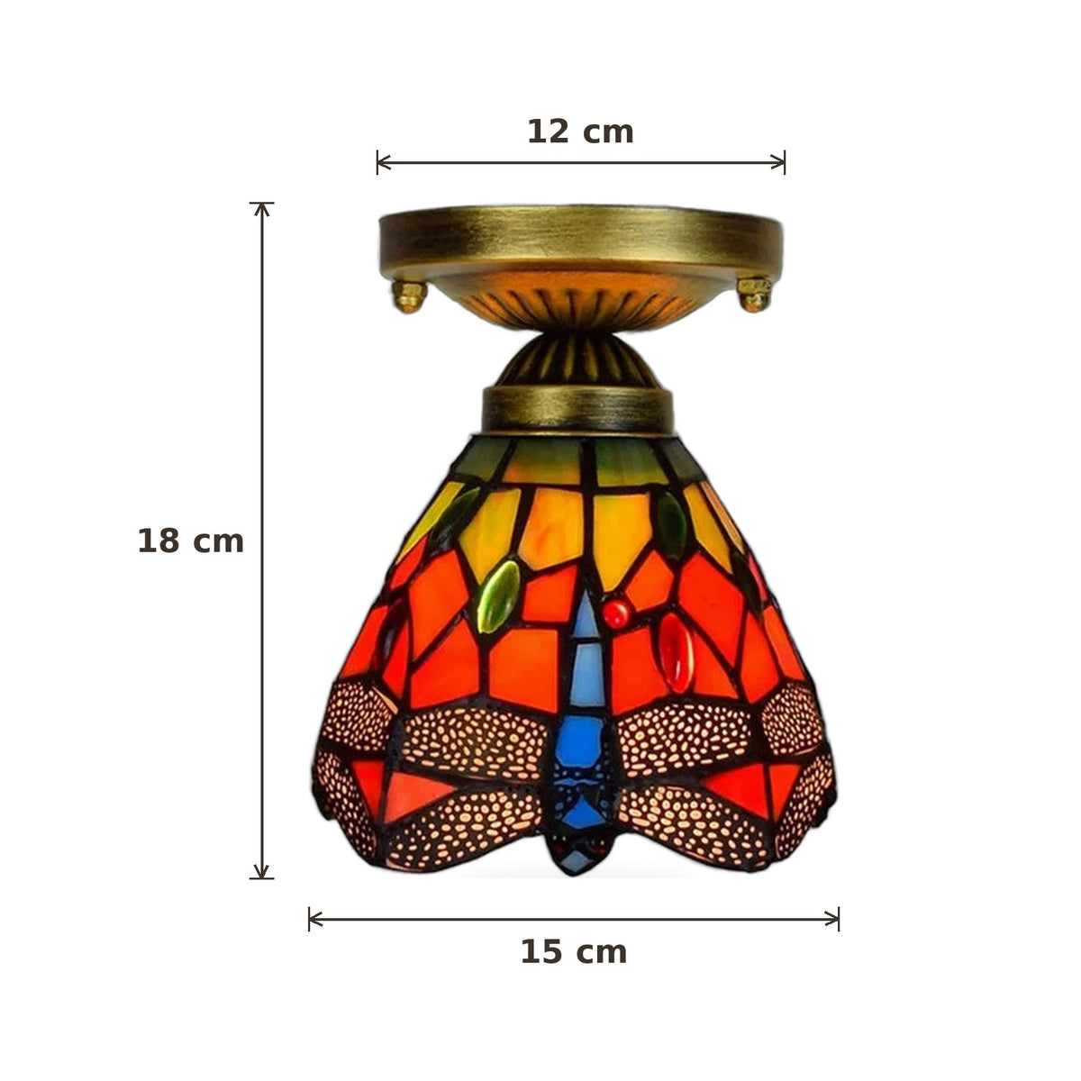 Dimensions du plafonnier style Tiffany Libellule : 15 cm de diamètre, hauteur 18 cm