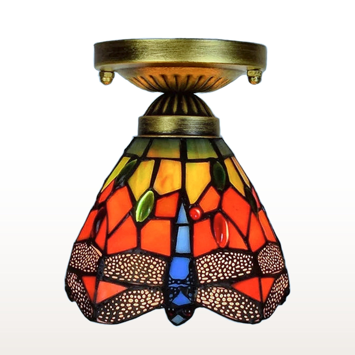Plafonnier style Tiffany Libellule, vitrail sur fond blanc