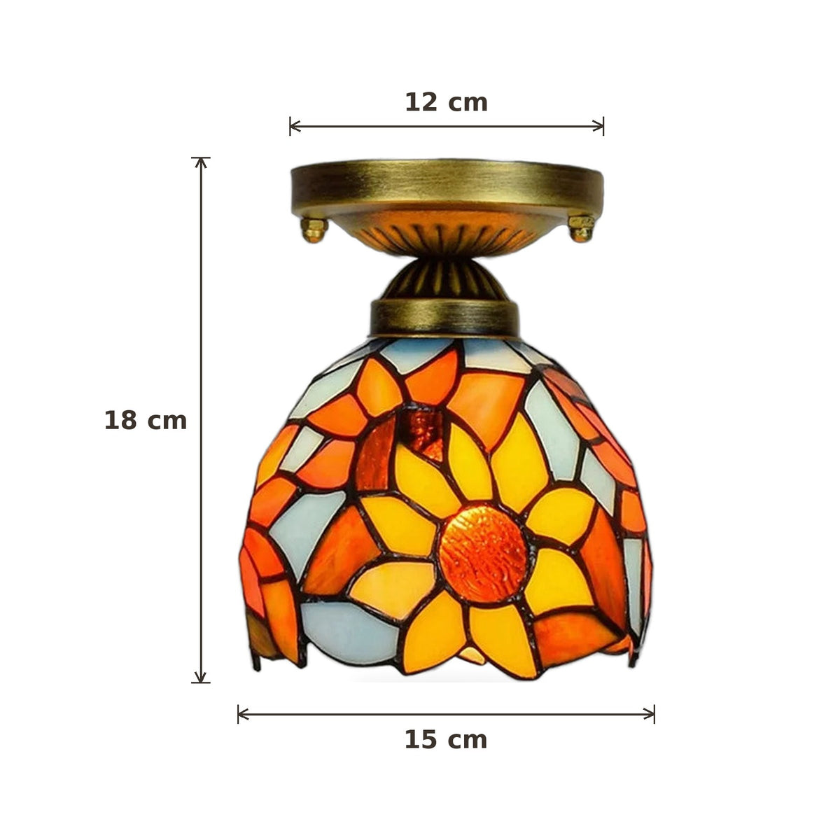 Dimensions du plafonnier style Tiffany Tournesol : 15 cm de diamètre, hauteur 18 cm