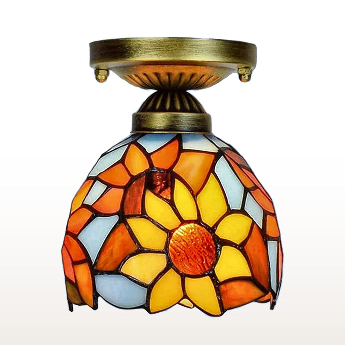 Plafonnier style Tiffany Tournesol, vitrail sur fond blanc