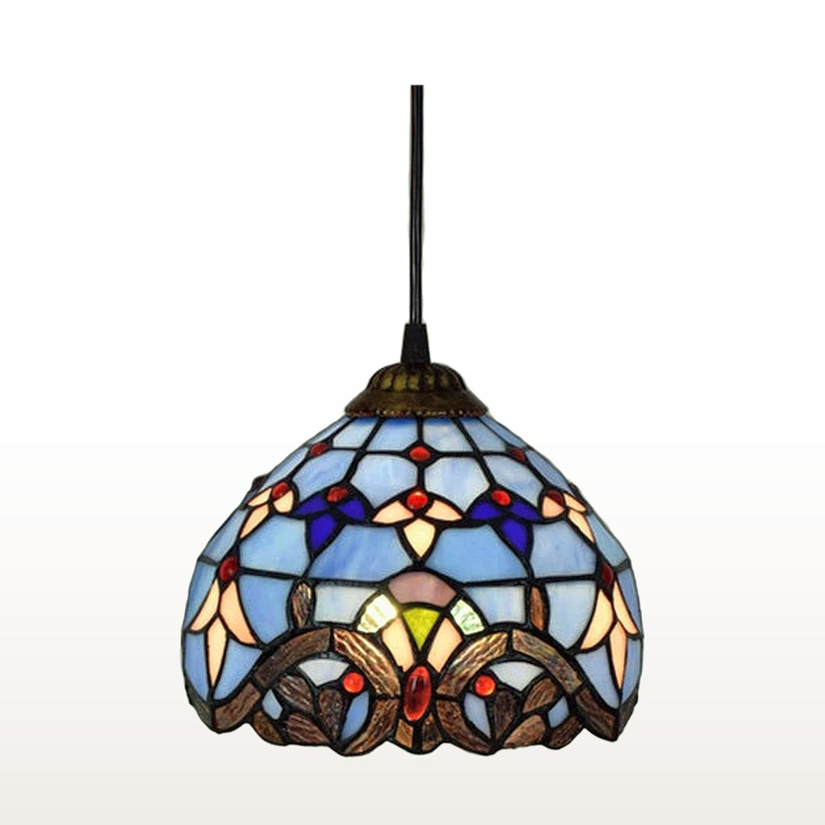 Suspension style Tiffany Baroque bleue, vitrail sur fond blanc