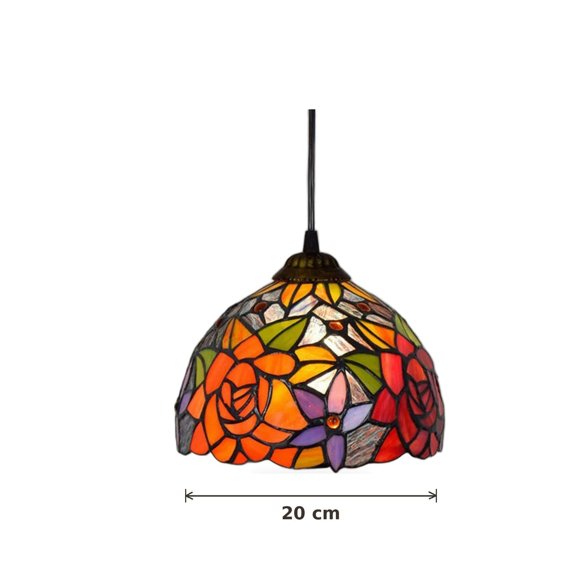 Dimensions de la suspension style Tiffany Roseraie : abat-jour 20 cm de diamètre