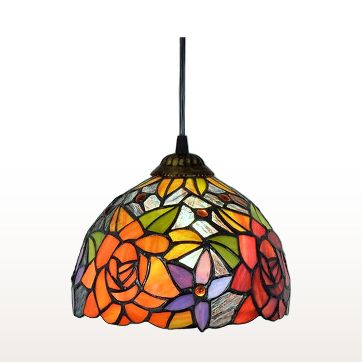 Suspension style Tiffany Roseraie, vitrail sur fond blanc